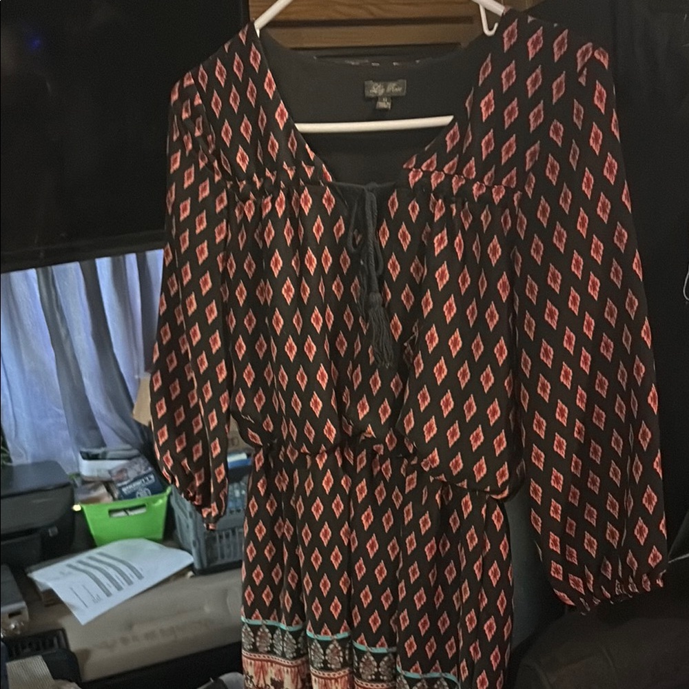 Lily Rose Brown and Orange Resort Sundress with 3/4 Bishop Sleeves